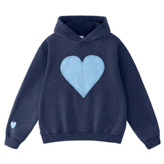 FAIABLE Heart Patch Hoodie Valentine's Day Vintage Fleece Hoodies Fade Craft Embroidery Sweatshirt