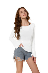 FAIABLE Lightweight Semi-Sheer Long Sleeve Blouse for Women with Bamboo Texture, Off Shoulder Elegant Fit, Subtle Flare Cuff Design, Stylish White Casual Sun Shirt – Breathable Slim Fit Summer Top for Beach, Office, or Daily Wear