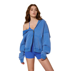 Faiable Women's Double Zip Up Oversized Acid Wash Hoodie Heavyweight Fleece Cotton for Casual Outings and Everyday Wear