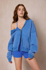 Faiable Women's Double Zip Up Oversized Acid Wash Hoodie Heavyweight Fleece Cotton for Casual Outings and Everyday Wear
