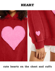 FAIABLE Heart Patch Hoodie Valentine's Day Vintage Fleece Hoodies Fade Craft Embroidery Sweatshirt