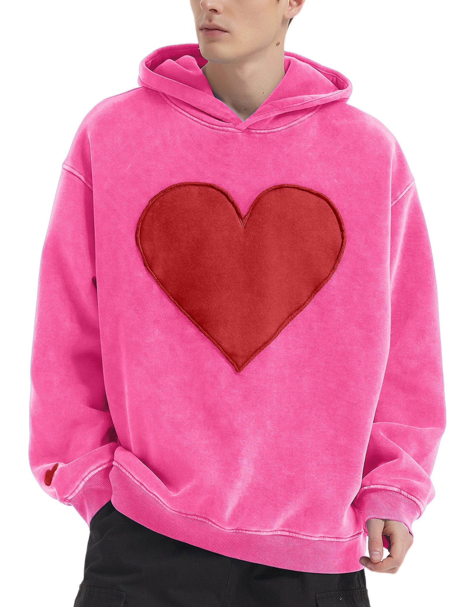 FAIABLE Heart Patch Hoodie Valentine's Day  Vintage Fleece Hoodies Fade Craft Embroidery Sweatshirt