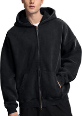 FAIABLE Mens Womens Double Zip Up Hoodie Oversized Acid Wash Heavyweight Fleece Cotton Zipper Hoodie Vintage