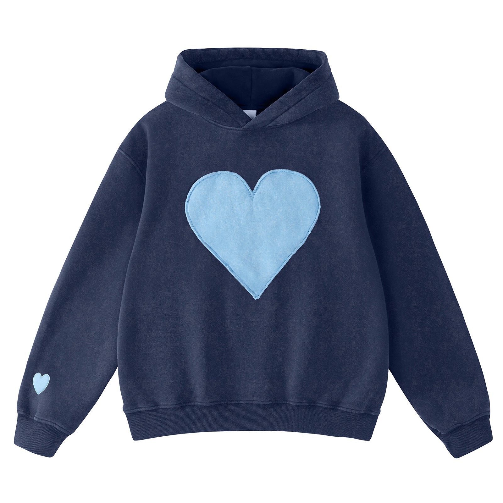 FAIABLE Heart Patch Hoodie Valentine's Day  Vintage Fleece Hoodies Fade Craft Embroidery Sweatshirt
