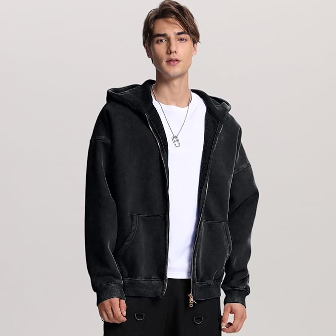 FAIABLE Mens Womens Double Zip Up Hoodie Oversized Acid Wash Heavyweight Fleece Cotton Zipper Hoodie Vintage
