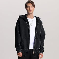 FAIABLE Mens Womens Double Zip Up Hoodie Oversized Acid Wash Heavyweight Fleece Cotton Zipper Hoodie Vintage