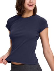 FAIABLE Women’s Crewneck Crew Neck T-Shirt Summer Casual Shortsleeve Short Sleeve Top with Washed Finish - High Elasticity Tee with Narrow Shoulder Design – Plain Basic Stretch Underwear Slim Fit Tshirt- Comfort Fabric Womenswear Essential
