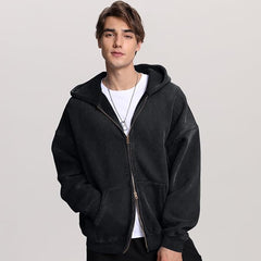 FAIABLE Mens Womens Double Zip Up Hoodie Oversized Acid Wash Heavyweight Fleece Cotton Zipper Hoodie Vintage