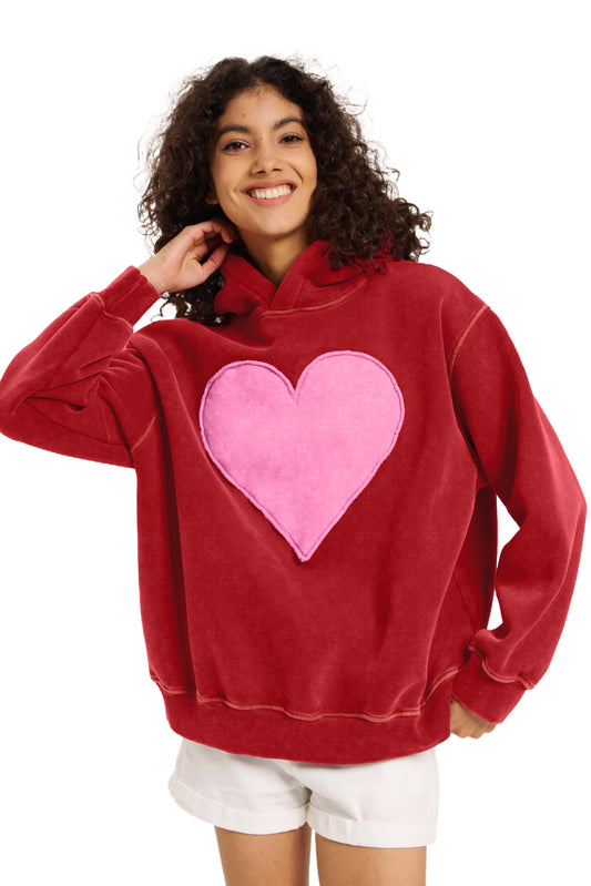 FAIABLE Heart Patch Hoodie Valentine's Day  Vintage Fleece Hoodies Fade Craft Embroidery Sweatshirt