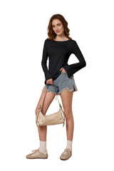 FAIABLE Lightweight Semi-Sheer Long Sleeve Blouse for Women with Bamboo Texture, Off Shoulder Elegant Fit, Subtle Flare Cuff Design, Stylish White Casual Sun Shirt – Breathable Slim Fit Summer Top for Beach, Office, or Daily Wear
