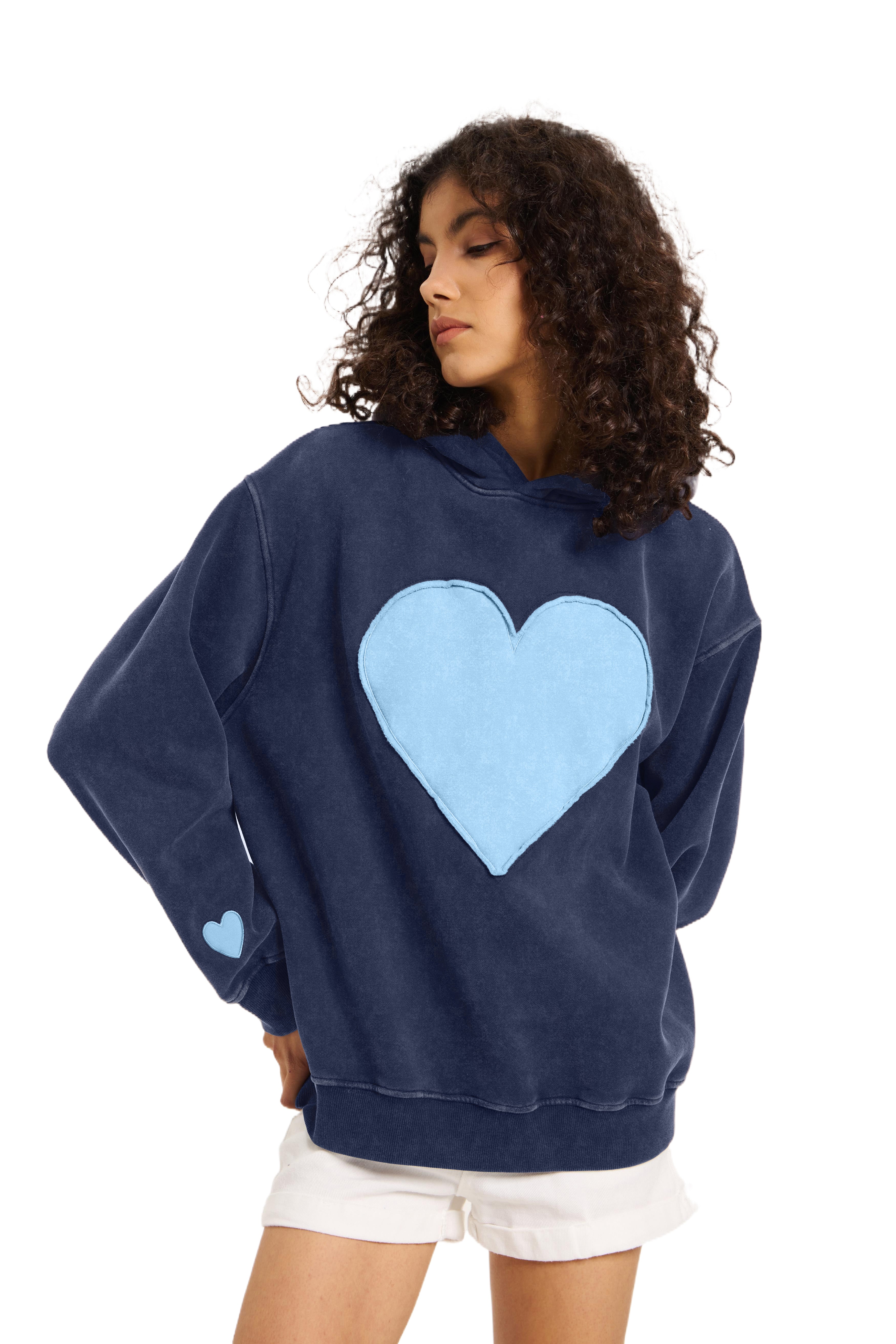 FAIABLE Heart Patch Hoodie Valentine's Day  Vintage Fleece Hoodies Fade Craft Embroidery Sweatshirt