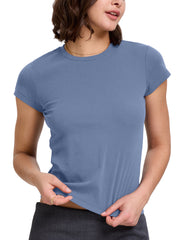 FAIABLE Women’s Crewneck Crew Neck T-Shirt Summer Casual Shortsleeve Short Sleeve Top with Washed Finish - High Elasticity Tee with Narrow Shoulder Design – Plain Basic Stretch Underwear Slim Fit Tshirt- Comfort Fabric Womenswear Essential
