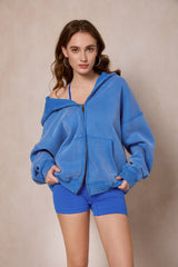 Faiable Women's Double Zip Up Oversized Acid Wash Hoodie Heavyweight Fleece Cotton for Casual Outings and Everyday Wear