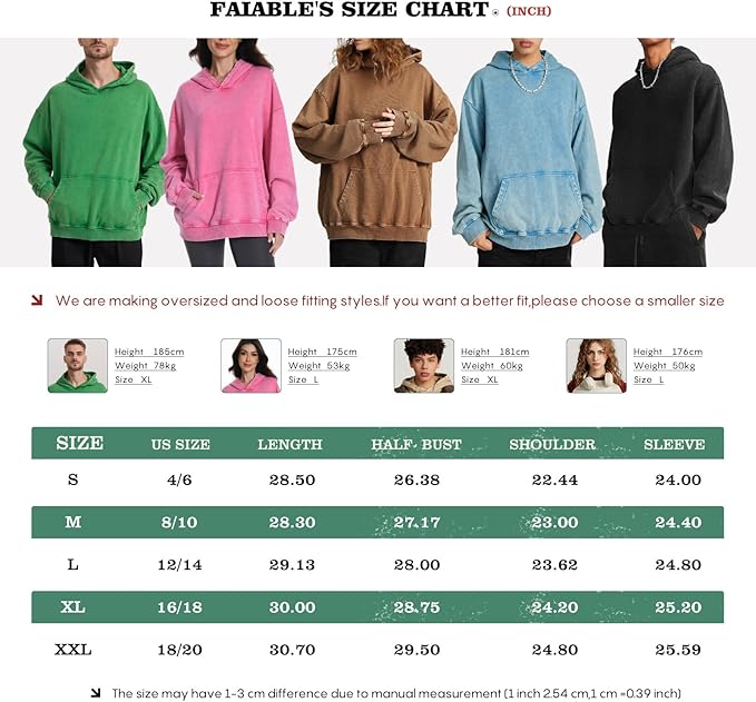 FAIABLE Mens Oversized Hoodie Couples Terry Heavyweight Hoodies Pullover Vintage Acid Wash Hoodie Sweatshirts Streetwear