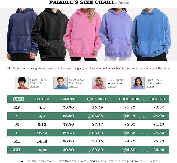 FAIABLE Mens Hoodies Pullover Oversized Hoodie Wash Plush Cotton Hooded Sweatshirt Vintage Heavyweight Hoodie Men Streetwear