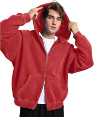 FAIABLE Mens Oversized Zip Up Hoodies Unisex Acid Wash Hoodie Heavyweight Fleece Cotton Zipper Sweatshirt for Men Winter