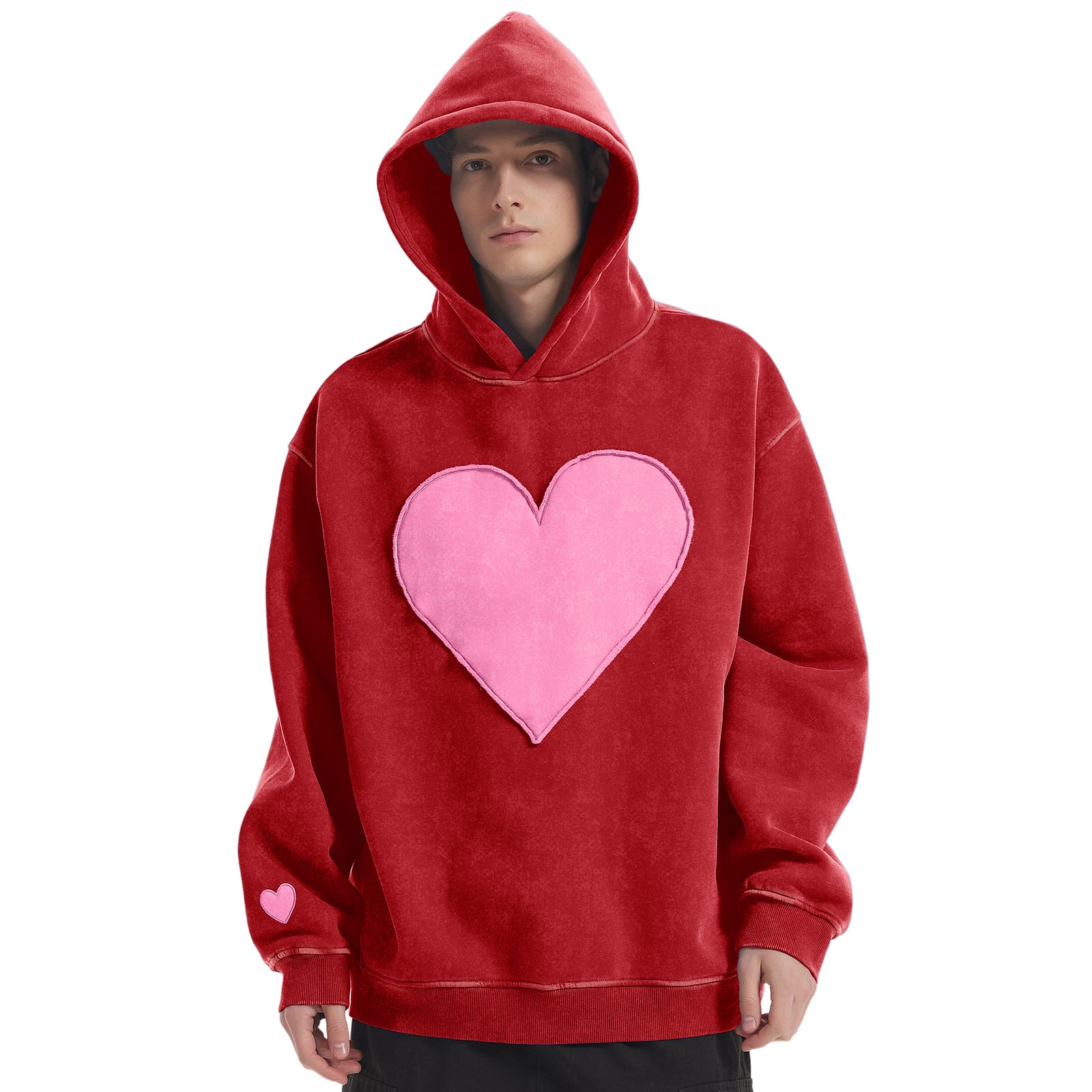 FAIABLE Heart Patch Hoodie Valentine's Day  Vintage Fleece Hoodies Fade Craft Embroidery Sweatshirt